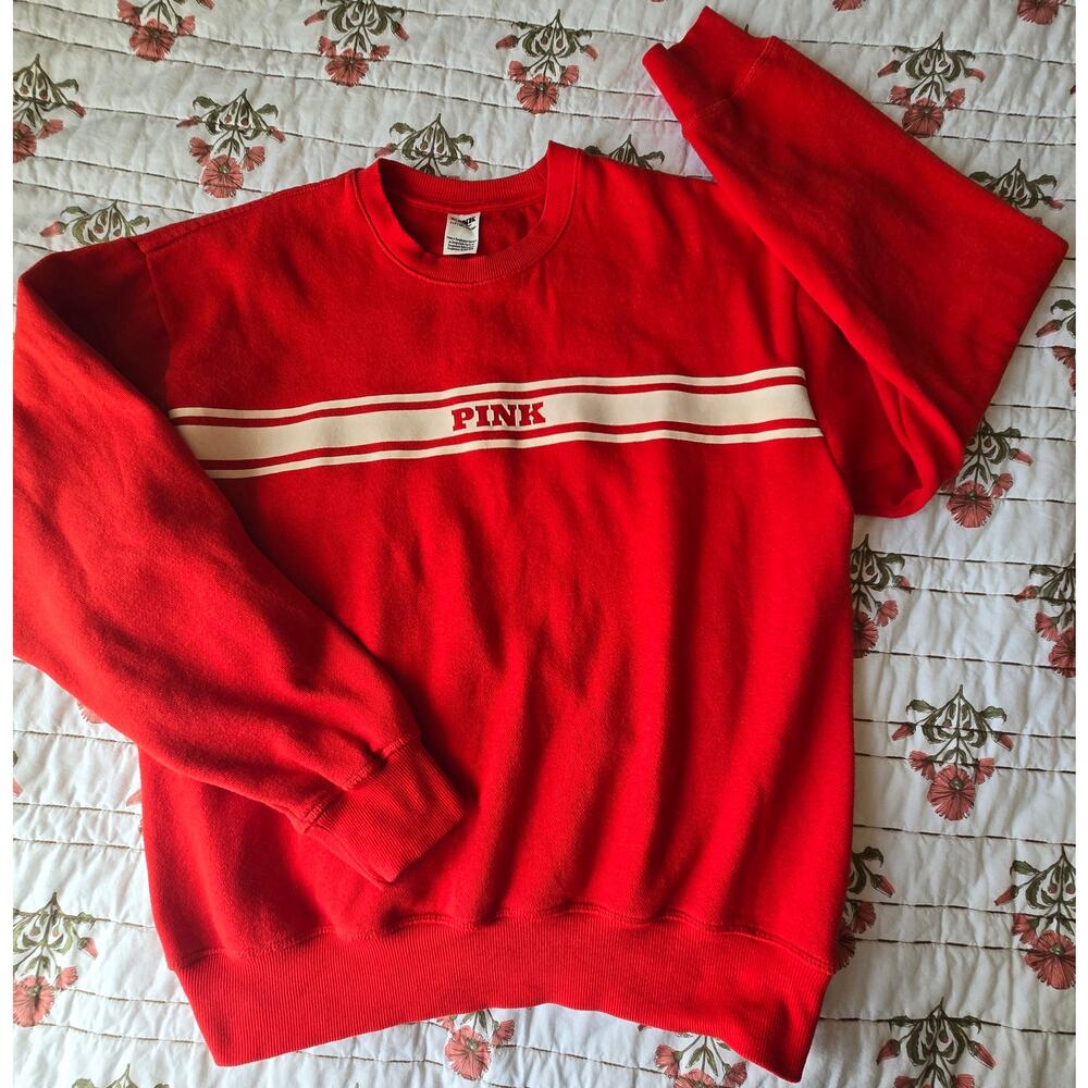 PINK Victoria Secret Red and White Varsity Pullover Sweatshirt Preppy Size Small - Picture 4 of 4